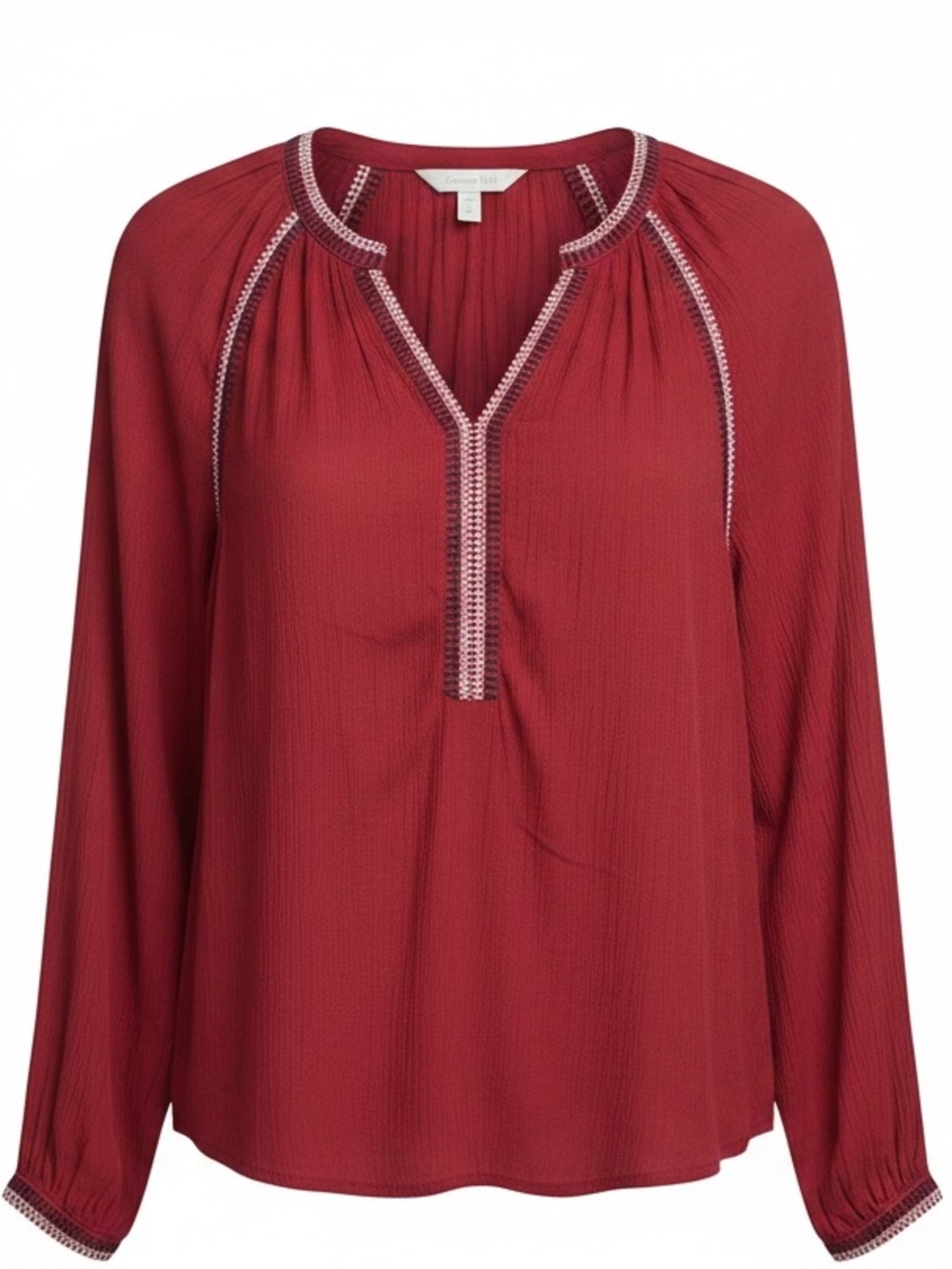 Garnet Hill Crimson Red Boho V-Neck Peasant Top